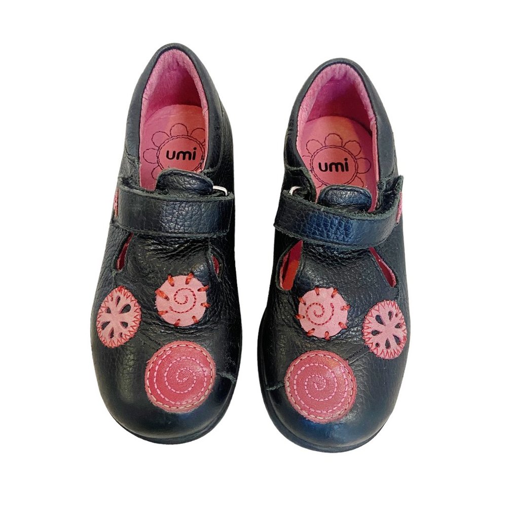 Umi | Girl's Black and Pink Flower Leather Mary Jane Shoes | Size: 7